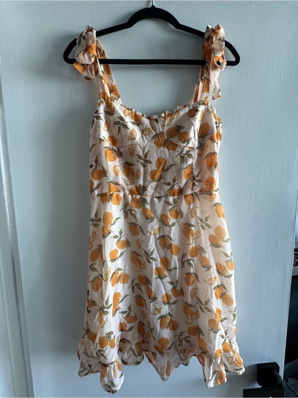 Aqua Cream Mini Dress with Lemon Fruit Print and Tie Straps
